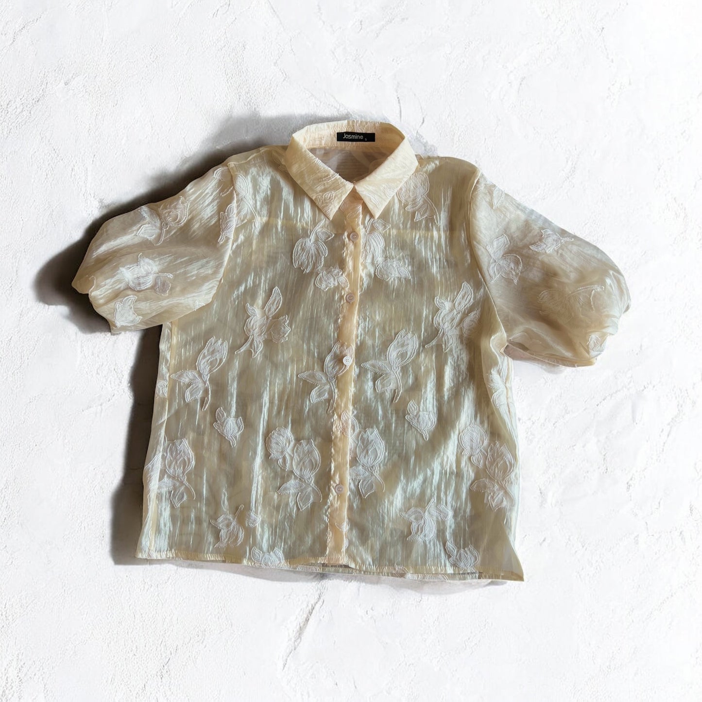 CAMISA TRANSPARENTE BORDADO HOJAS