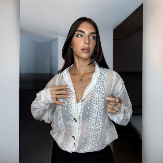 CAMISA TRANSPARENTE LAZOS DORADOS